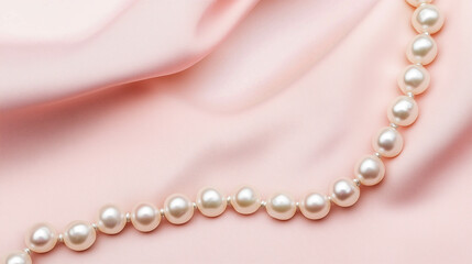 Obraz premium Pearl necklace on the pink fabric with copy space. 