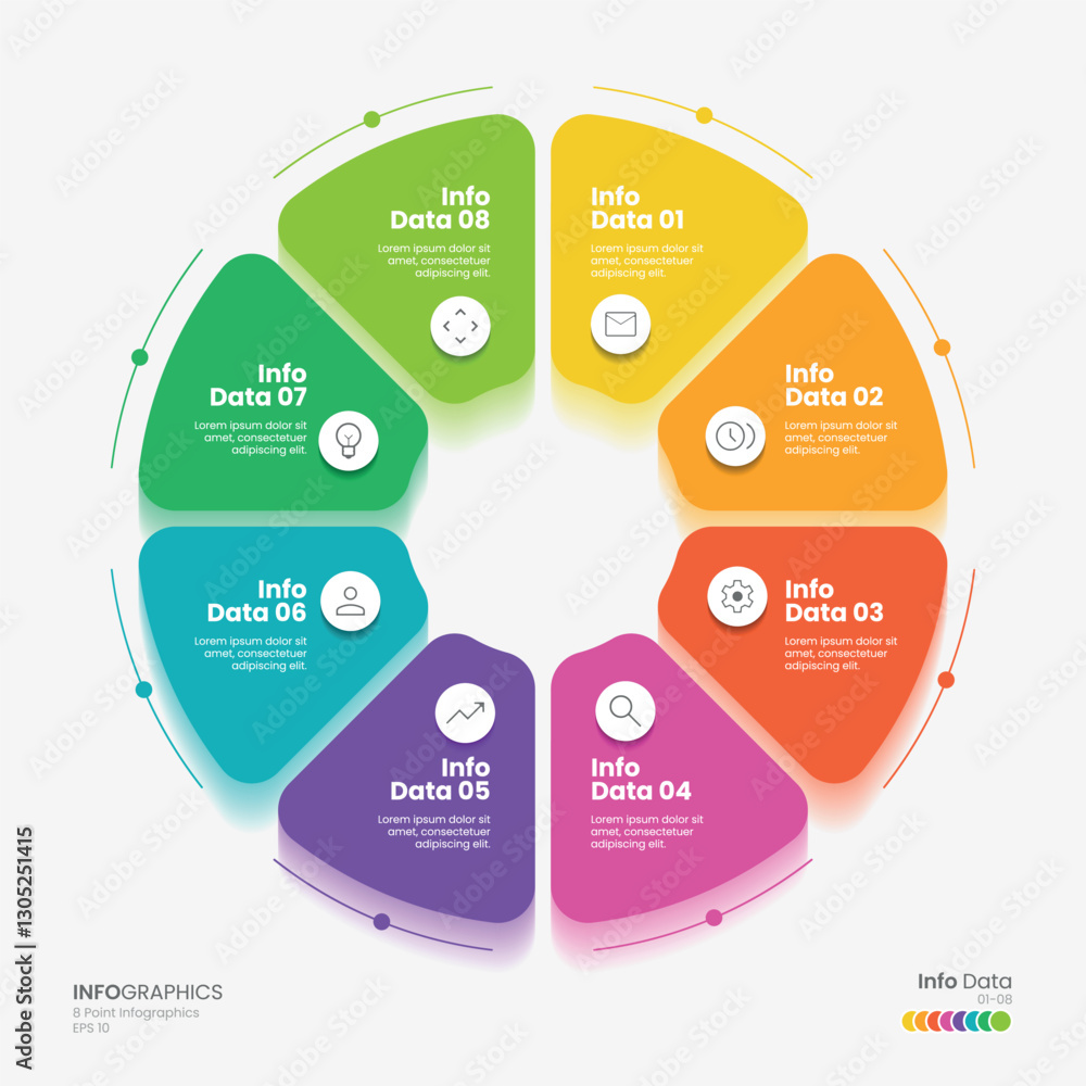 Poster business minimal infographics template. 8 steps rounded timeline with options and marketing icons. v