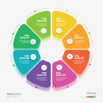 Business minimal Infographics template. 8 steps rounded timeline with options and marketing icons. Vector rounded infographic with eight circle connected elements. Design can be use for presentation.