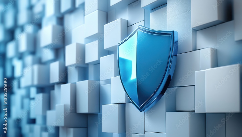 Poster abstract representation of digital security and protection concept with 3d shield on a modern cube b