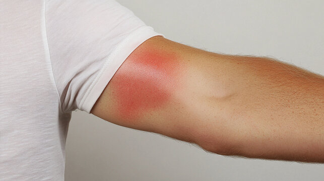 Arm with sunburn. The skin is bright red and inflamed, likely due to excessive sun exposure. Prevention is key to avoid skin damage and reduce risks.