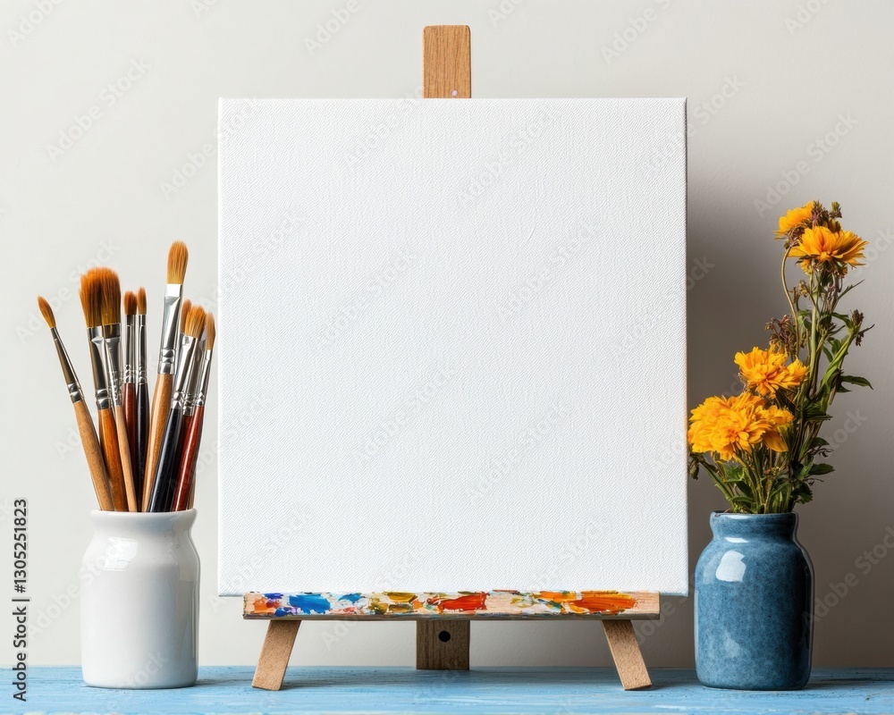 Poster mindful creativity studio minimalist painting workspace with blank canvas, artisan brushes and botan