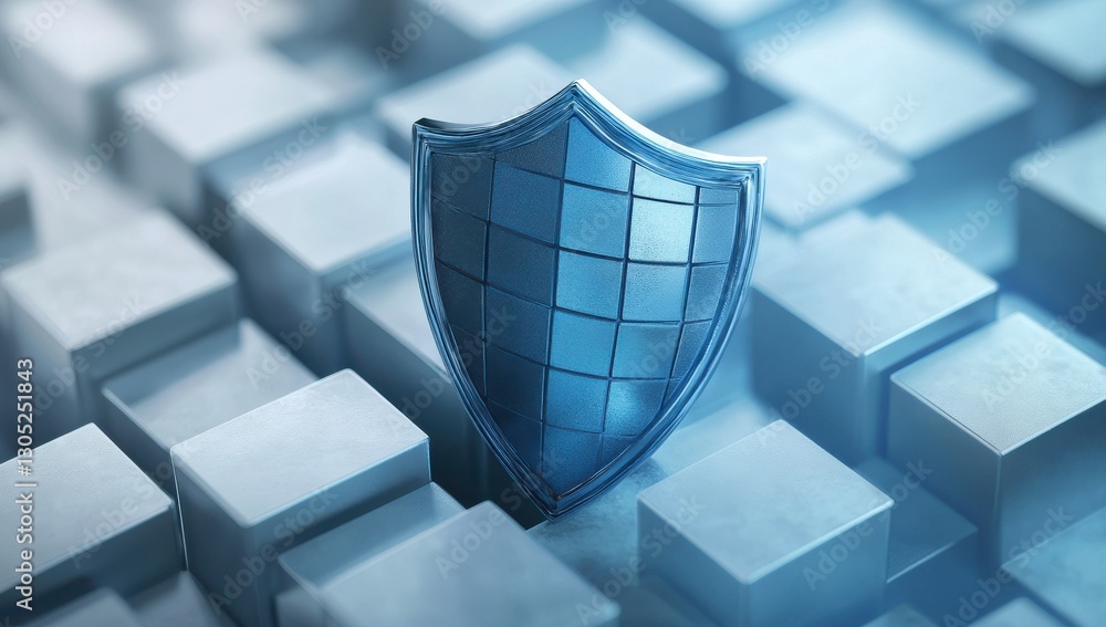 Poster abstract representation of digital security and protection concepts featuring a blue shield surround