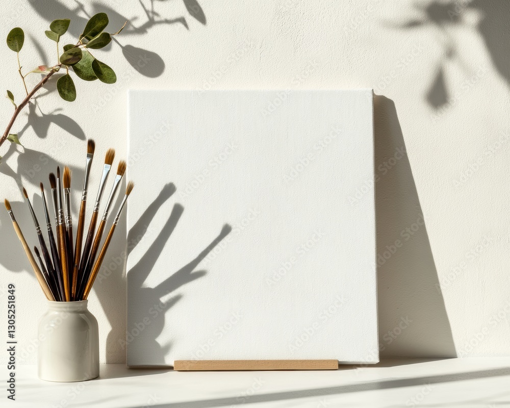 Aufkleber minimalist creative sanctuary soft-light studio setup with pristine canvas and artisan brushes - ins