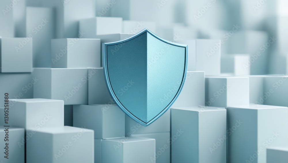 Poster abstract representation of digital security and protection with a blue shield on geometric shapes sh
