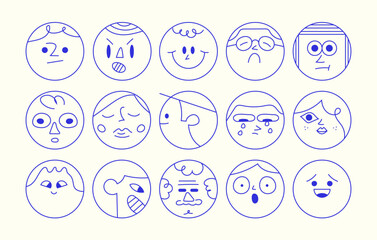 Set of faces in circles. Different hand drawn portraits. Blue line cartoon characters. Funny and childish heads. Avatars of people with various expressions.