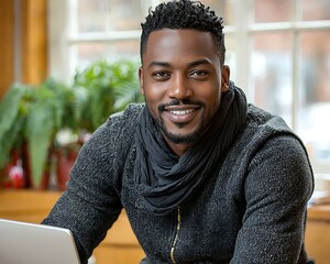 Smiling man indoors with laptop