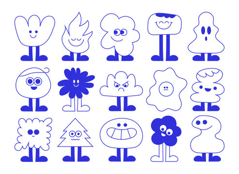 Set of abstract and basic characters with different expressions, emotions. Blue line vector doodle elements. Cartoon drawings.