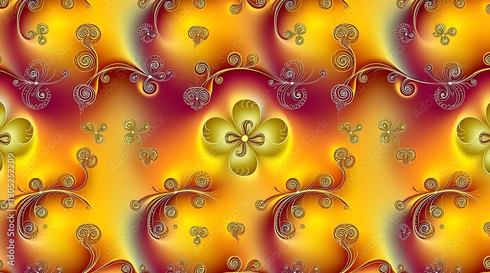 Poster golden swirls and blooms: a vibrant, symmetrical fractal art piece displays a captivating array of s