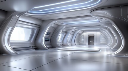 Futuristic spaceship corridor with illuminated panels and metallic surfaces. Sci-fi game design