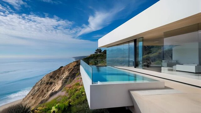 Breathtaking ocean views from a luxurious modern villa featuring an infinity pool perched on a cliffside, blending seamlessly with the natural landscape Concept of real estate