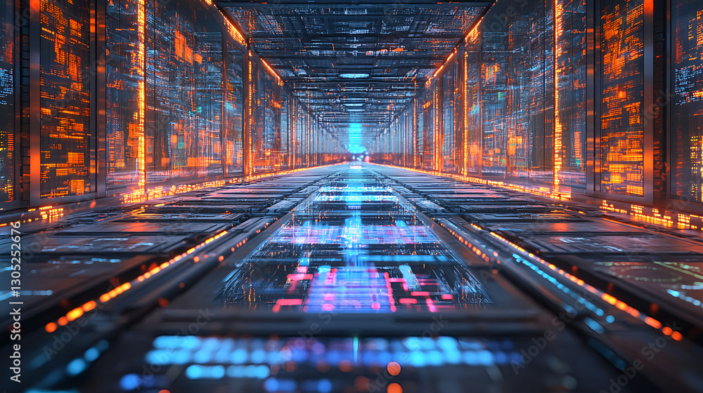 Poster futuristic data corridor digital realm 3d render high-tech environment aerial view cybersecurity con