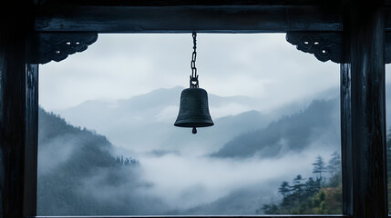 temple bell hanging from an old wooden frame, with a background of misty mountains 