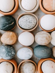 Fototapeta premium Minimalist Texture Study Neutral Palette Ceramic Eggs in Terracotta Vessels - Contemporary Design Exploration of Natural Materiality and Organic Form