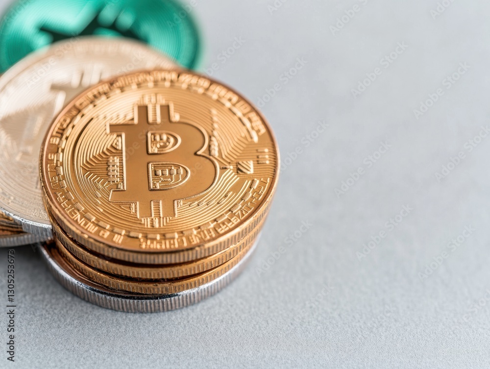 Poster Decentralized Future Sleek Bitcoin Coins Representing Digital Wealth Transformation and Web3 Financial Innovation in Metallic Precision