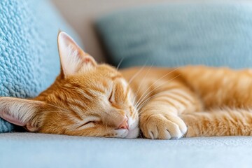 Naklejka premium Mindful Pet Wellness Cozy Ginger Cat Napping in Soft Pastel Comfort - Serene Lifestyle and Emotional Wellbeing in Modern Home Environments