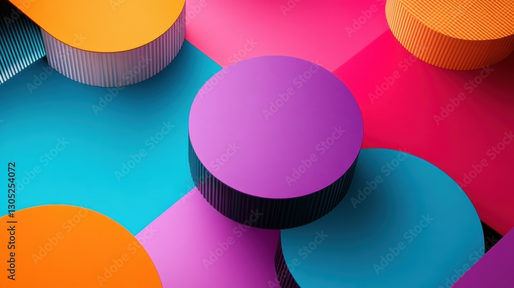 Poster vibrant geometric abstraction layered cylindrical forms in neon palette - dynamic digital design for