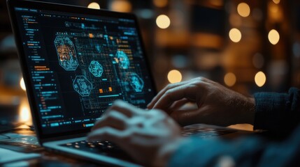 Fototapeta premium A person types on a computer with data displayed brightly
