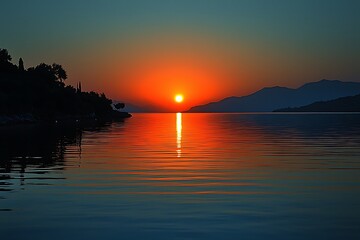Obraz premium Coastal Sunrise, Calm Sea, Mountain Background