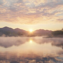 Fototapeta premium Sunrise reflection over calm lake mountain landscape nature photography serene environment scenic view tranquility concept