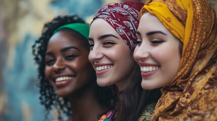 Fototapeta premium Headshot of cheerful diverse women in casual clothes smiling broadly against yellow background