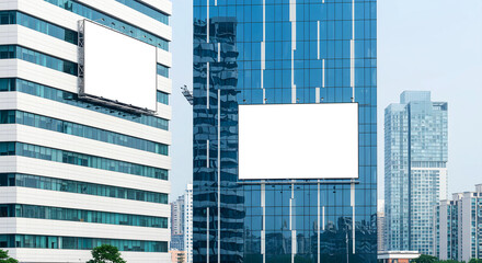 Obraz premium Modern Urban Cityscape with Two Blank Billboards on High Rise Buildings