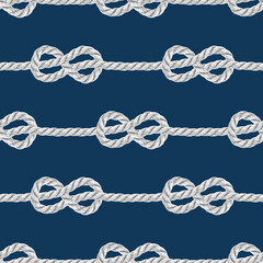Nautical rope knots navy blue pattern. Classic coastal beach white rope bows on dark blue seamless background.