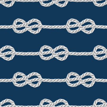 Nautical rope knots navy blue pattern. Classic coastal beach white rope bows on dark blue seamless background.