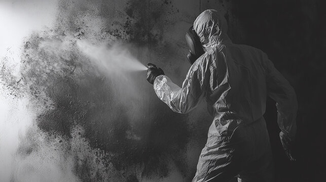 Hazard removal: specialist in protective gear spraying mold on a wall, focused on safety and containment in dark monochrome setting for effective remediation.