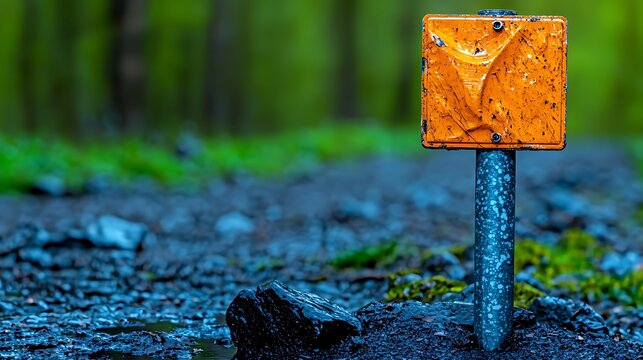 Bright orange signpost standing on a muddy path surrounded by lush green foliage in a forest