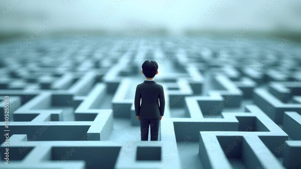 Poster navigating challenges a businessman's journey through a maze abstract setting digital art conceptual