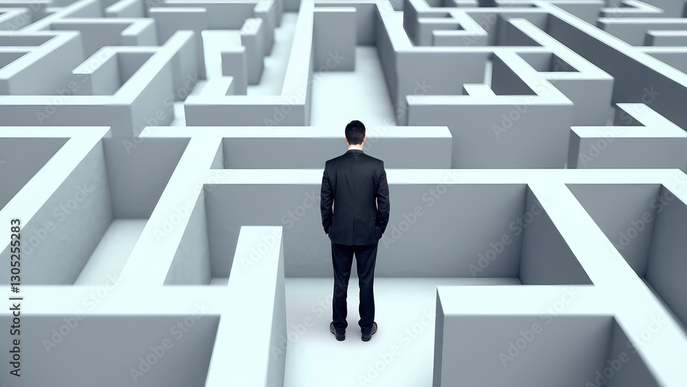Poster navigating challenges a businessman in a complex maze office space conceptual image urban environmen
