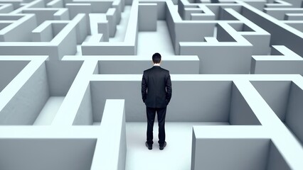 Navigating challenges a businessman in a complex maze office space conceptual image urban environment overhead view