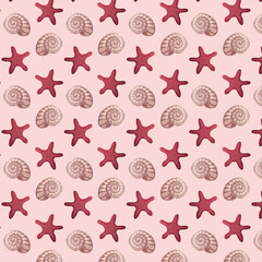 Seamless pattern sea shells and sea stars. Flat style. For brandin, logos, stationery, invitations, packaging design, website and app design, print materials