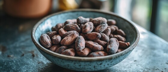 A rustic bowl brimming with cocoa beans rests on a textured surface, inviting indulgence in nature&rsquo;s rich flavors and textures.