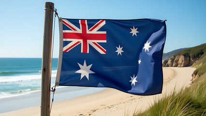 worn australian flag hangs old wooden post near