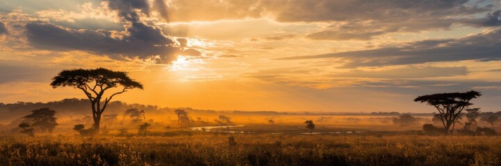 A banner depicting sunrise in the savannah. The sun breaks through the clouds, casting rays.