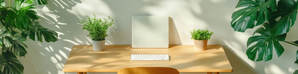 Fototapeta premium Serene Scandinavian Home Office Minimalist Wooden Workspace with Biophilic Design, Natural Light and Ergonomic Zen - Remote Work Productivity Inspiration