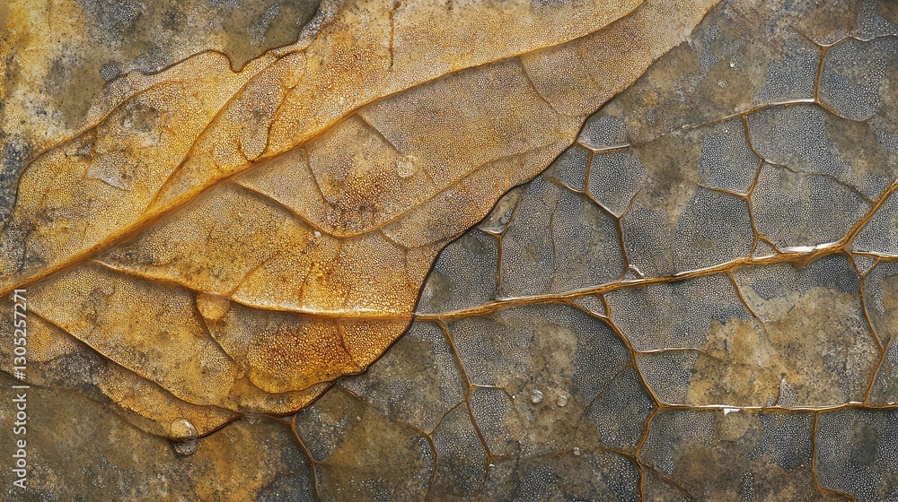 Poster Abstract close-up of dried leaves with intricate textures and patterns on a natural stone background, showcasing the beauty of nature in a unique way.