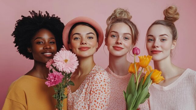 Diverse female florists are posing with colorful bouquets of flowers, smiling happily celebration women international day 8 of march