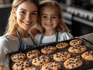 Mom & daughter baking cookies in kitchen