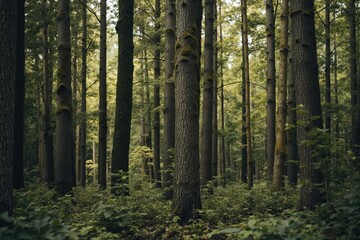 Fototapeta premium A Group of Trees in a Forest With Moss on Them - Generative AI