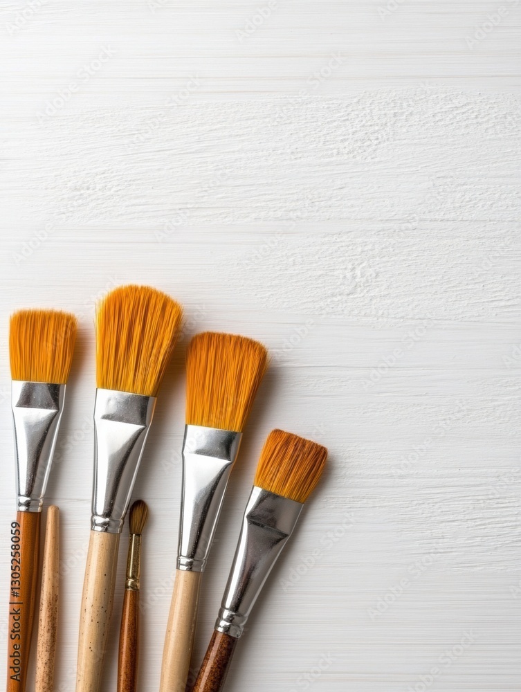 Poster minimalist creative studio handcrafted artist brushes on textured white canvas - essential tools for