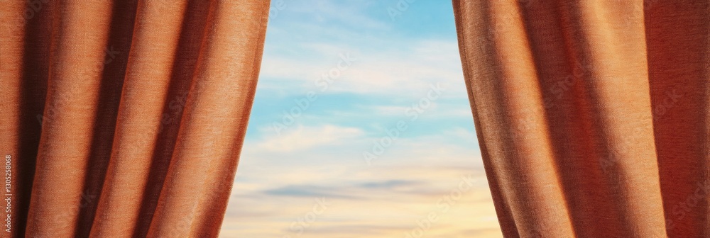 Poster cinematic reveal dramatic bronze curtain stage transition with soft sky gradient - anticipatory perf