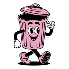 Vector character cartoon trash can with a pink lid and a smiling face