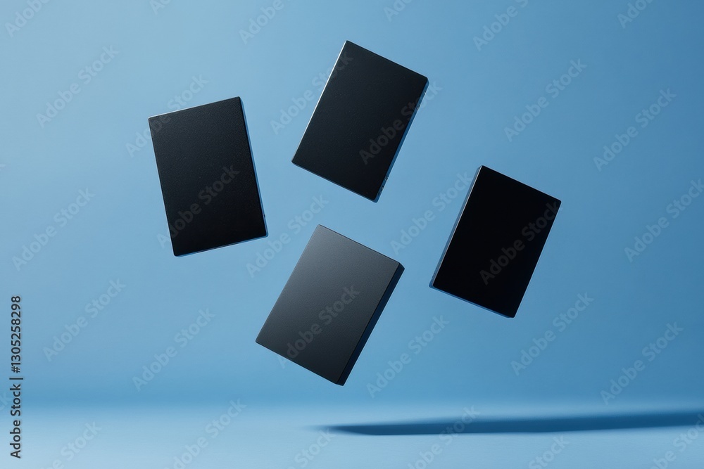 Aufkleber zero-gravity tech showcase minimalist black external hard drives floating in digital innovation spac