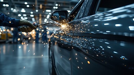 Sparks and blue light erupt from the machine as smoke billows from continuous metal welding, showcasing a dynamic work process
