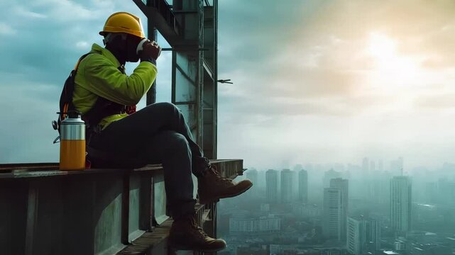 Construction worker pausing during job site break, sitting high above urban landscape, drinking coffee while enjoying cityscape silhouette during hazy sunset with expansive city views