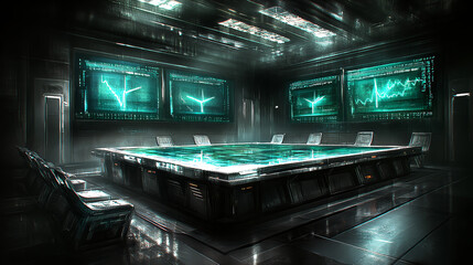 Obraz premium Strategic planning session high-tech conference room digital display corporate environment panoramic view innovation concepts