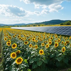 Obraz premium Solar energy harvesting with sunflower fields under clear blue sky in rural landscape